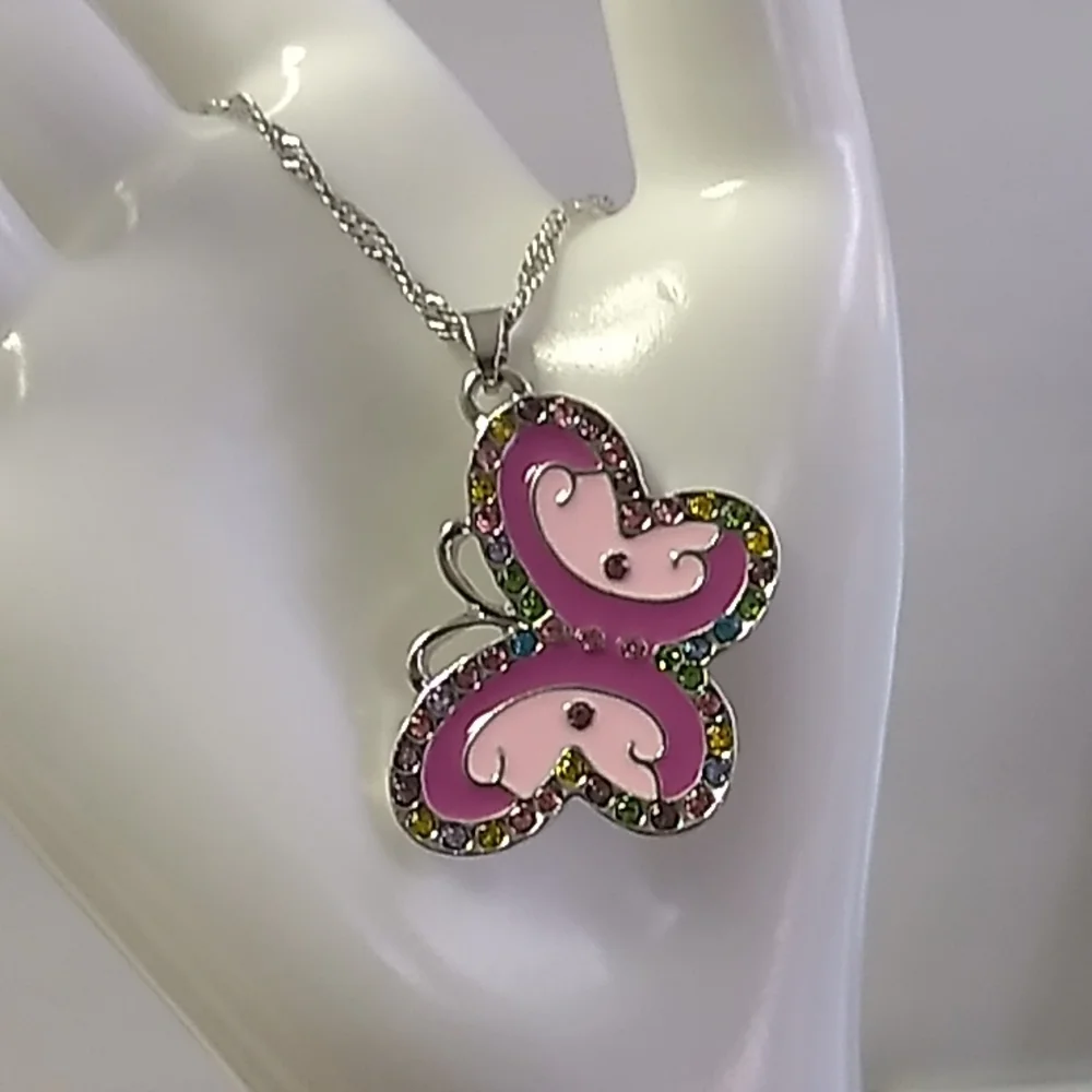 Cute Butterfly necklace Girls w Rhinestones 22 inch chain, pink, blue.